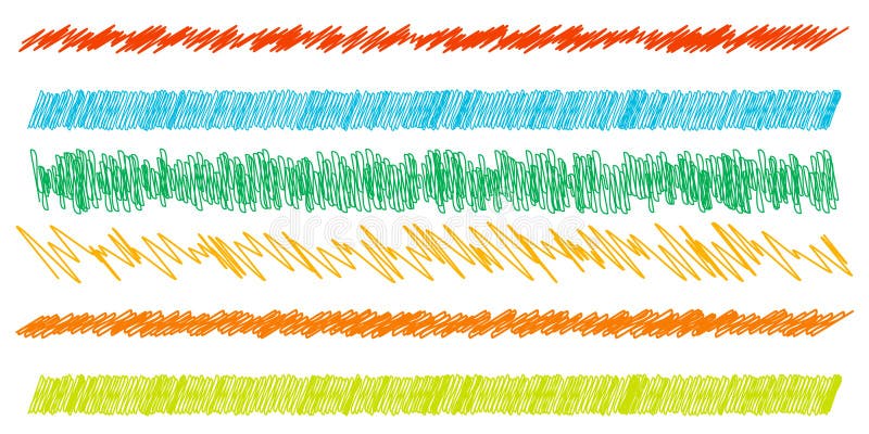 Colorful scribble, sketch, sketchy doodle horizontal line dividers. Wavy, waving, wave and billowy, undulating zigzag, crisscross stock illustration
