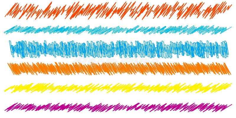 Colorful scribble, sketch, sketchy doodle horizontal line dividers. Wavy, waving, wave and billowy, undulating zigzag, crisscross stock illustration