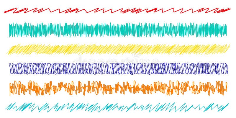 Colorful scribble, sketch, sketchy doodle horizontal line dividers. Wavy, waving, wave and billowy, undulating zigzag, crisscross vector illustration