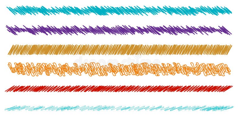 Colorful scribble, sketch, sketchy doodle horizontal line dividers. Wavy, waving, wave and billowy, undulating zigzag, crisscross vector illustration