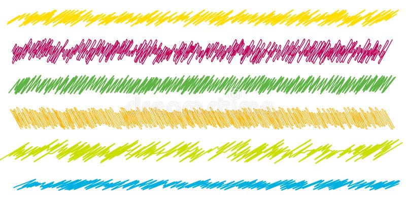 Colorful scribble, sketch, sketchy doodle horizontal line dividers. Wavy, waving, wave and billowy, undulating zigzag, crisscross royalty free illustration