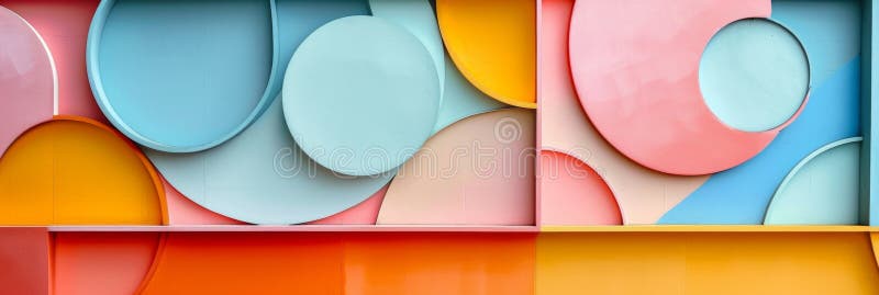 Colorful sculptures on a wall with a variety of colored shapes, in the style of abstract minimalistic compositions, circular abstraction, light orange and light azure, multi-layered color fields, focus on materials, cheerful colors, playful geometry. Multilayered compositions stock images, royalty-free photos and pictures