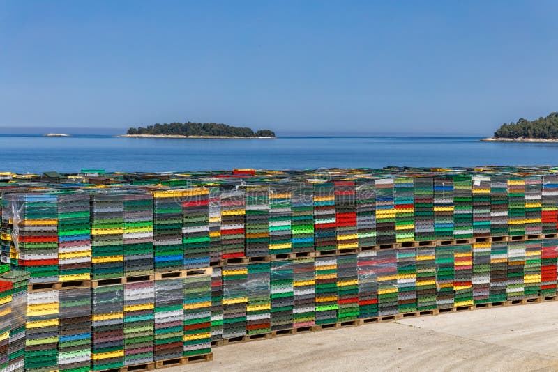 Colorful Seafood Crates in Croatia Transport of Fish and Seafood in Colorful Seafood Crates in Croatia Transport of Fish and Seafood in