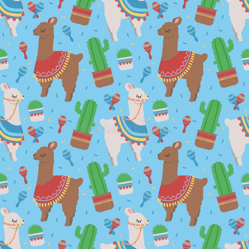 Colorful seamless cartoon pattern for children with cute peruvian lamas or alpacas with ponchos and cactus on blue BG stock illustration Colorful seamless cartoon pattern for children with cute peruvian lamas or alpacas with ponchos and cactus on blue BG stock illustration