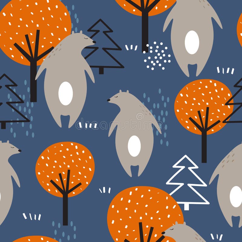 Colorful seamless pattern, bears, fir trees and trees. Decorative cute background with animals stock illustration Colorful seamless pattern, bears, fir trees and trees. Decorative cute background with animals stock illustration