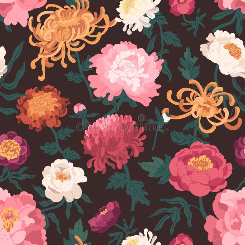 Colorful seamless pattern with blooming garden flowers. Endless romantic floral background. Repeatable backdrop with stock illustration