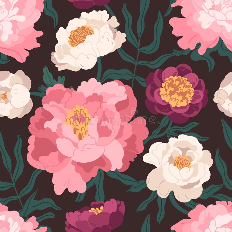 Colorful seamless pattern with blooming garden flowers. Repeatable floral background with beautiful peonies. Flat vector stock illustration
