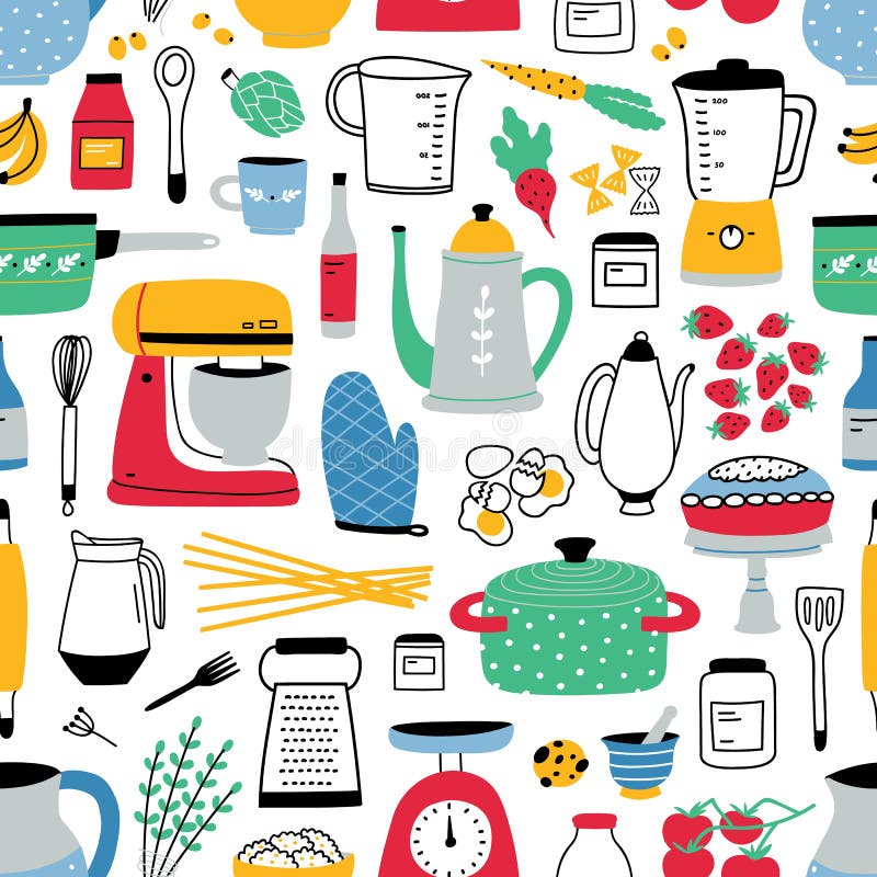Colorful seamless pattern with cooking tools on white background. Backdrop with kitchen utensils for homemade meals vector illustration