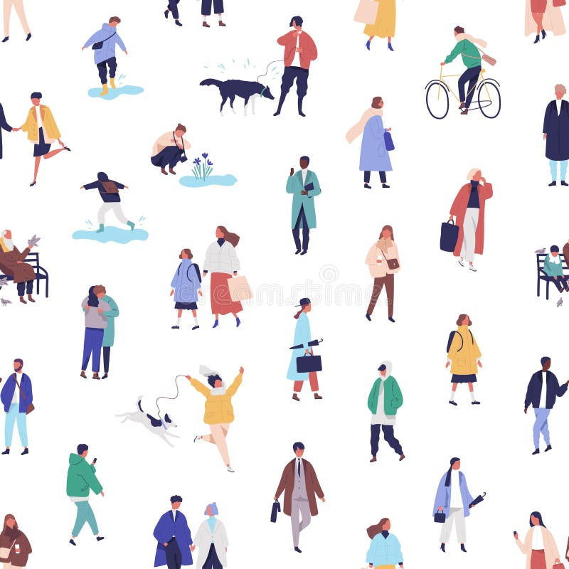 Colorful seamless pattern with different people walking on the street. Men, women, children outdoors. Modern spring stock illustration