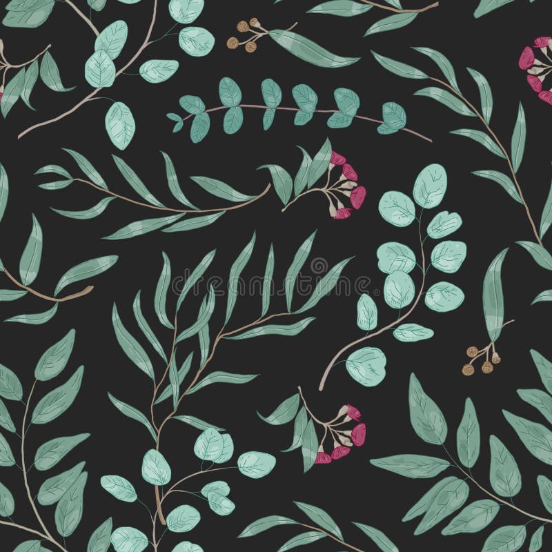 Colorful seamless pattern with eucalyptus branches and blooming flowers. Realistic natural background with green plant stock illustration