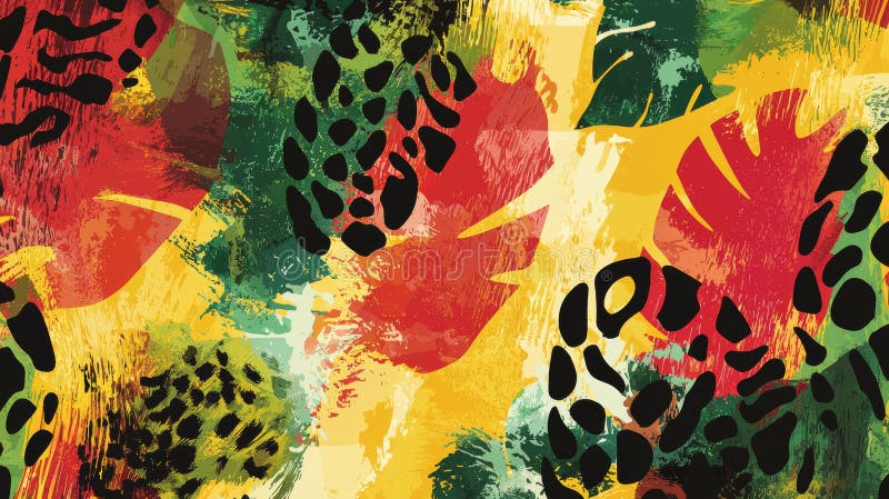 Colorful seamless pattern with exotic leaves and abstract shapes creating dynamic composition, perfect for summer design royalty free stock images