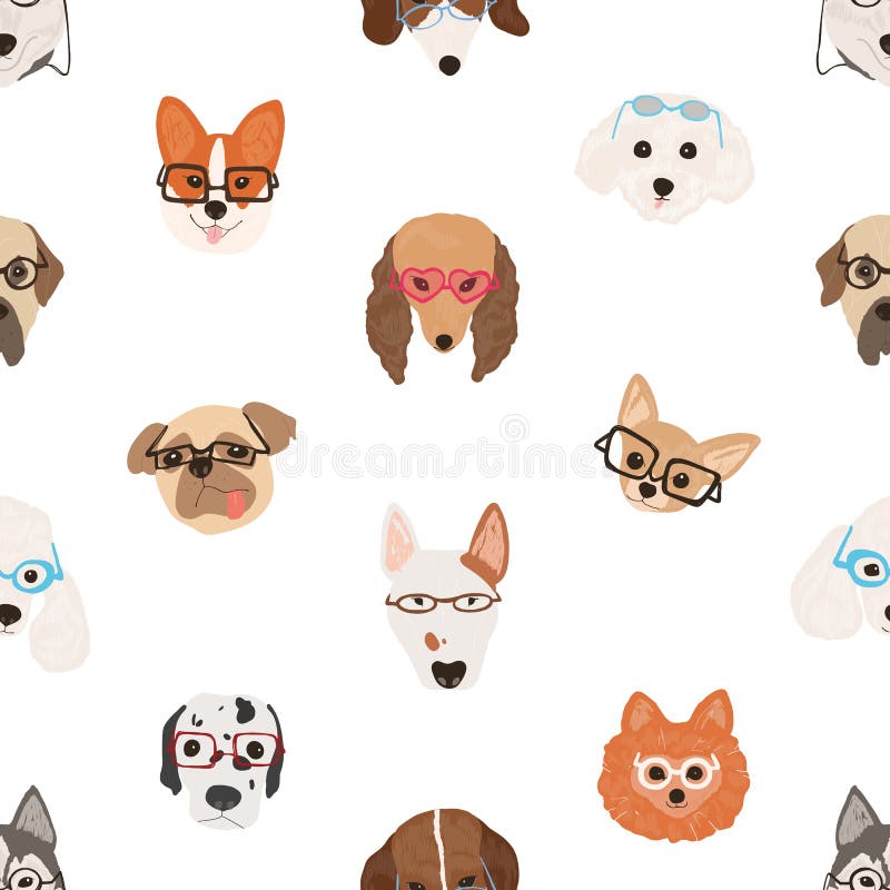 Colorful seamless pattern with faces of dogs wearing glasses or sunglasses on white background. Backdrop with smart royalty free illustration