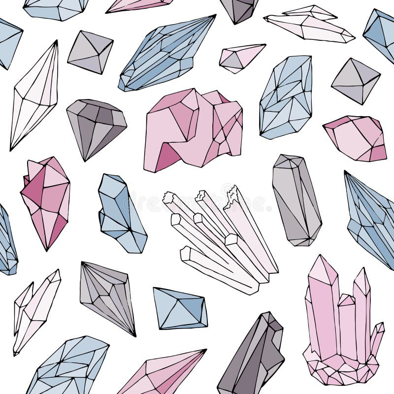 Colorful seamless pattern with gorgeous natural gemstones, mineral crystals, precious and semiprecious faceted stones royalty free illustration