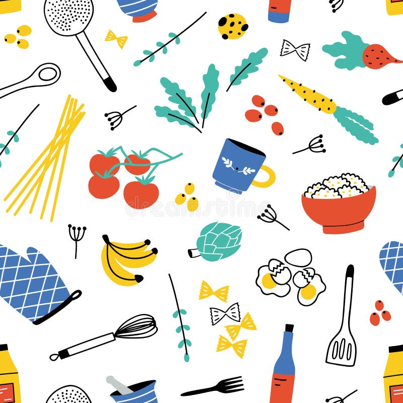 Colorful seamless pattern with kitchen utensils for home cooking or food preparation, fruits and vegetables on white stock illustration
