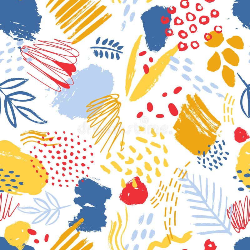 Colorful seamless pattern with paint traces, brush strokes, stains, marks, scribble and abstract leaves on white royalty free illustration