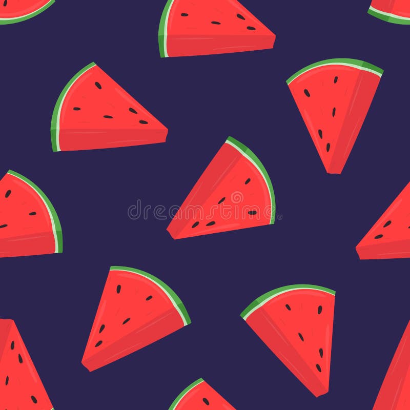 Colorful seamless pattern with pink slices of fresh watermelon on purple background. Backdrop with summer delicious vector illustration
