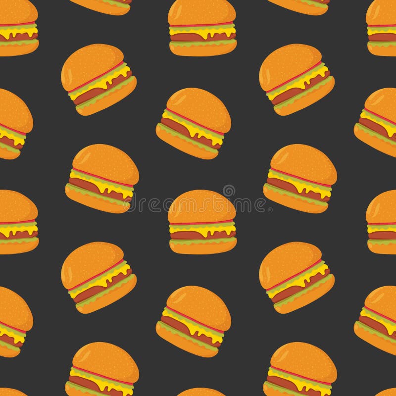 Colorful seamless pattern with tasty hamburgers on dark background. Juicy burgers or sandwiches, delicious fast food stock illustration