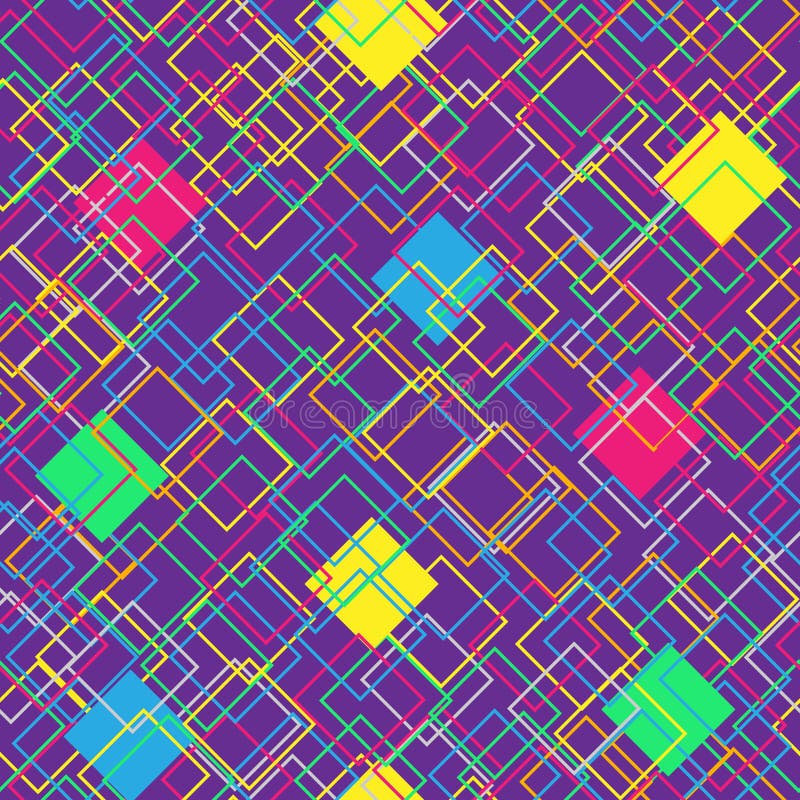 Colorful seamless pattern on violet background. Modern concept with color squares. Abstract geometric shapes. Vector vector illustration Colorful seamless pattern on violet background. Modern concept with color squares. Abstract geometric shapes. Vector vector illustration