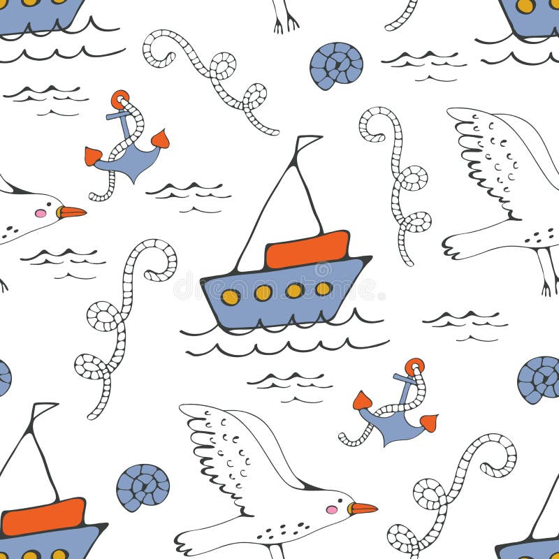 Colorful seamless sea pattern with seagulls anchors and boats vector illustration Colorful seamless sea pattern with seagulls anchors and boats vector illustration