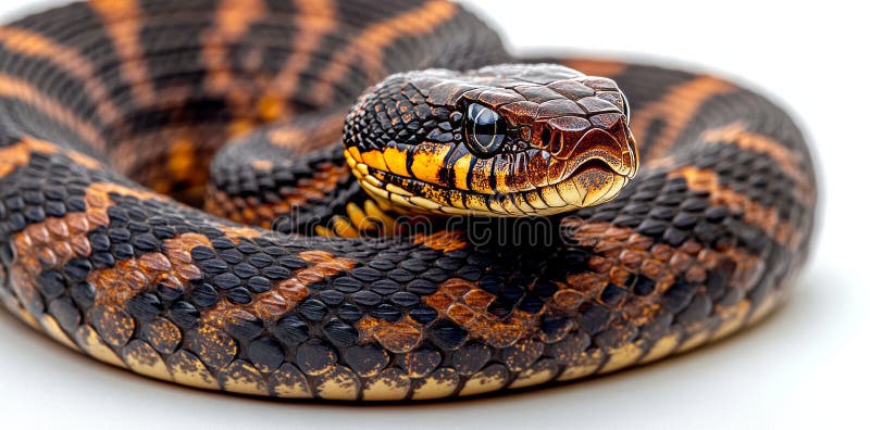 A colorful serpent with bands is resting on a sleek surface in a brightly lit setting, displaying its AI generated