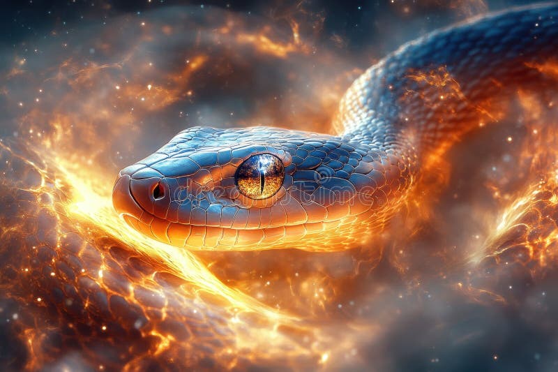 Colorful serpent coiling through a fiery landscape illuminated by cosmic light at twilight stock photography