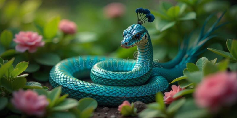 Colorful serpent coils among blooming pink flowers in a vibrant garden setting royalty free stock photos