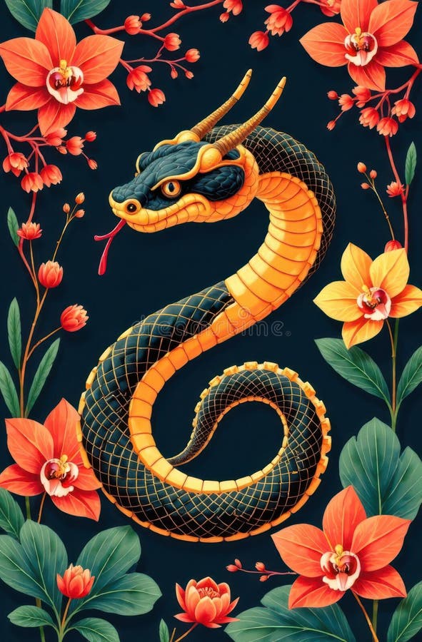 Colorful serpent entwined with flowers in intricate design royalty free stock photo