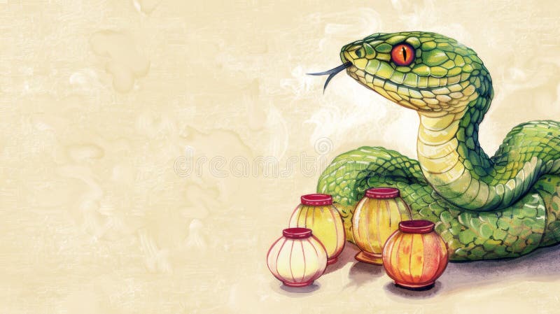 Colorful Serpent Guarding Ancient Pottery on Textured Background royalty free stock photos
