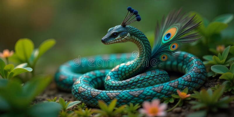 Colorful serpent with peacock features resting among vibrant foliage in a lush garden setting royalty free stock images