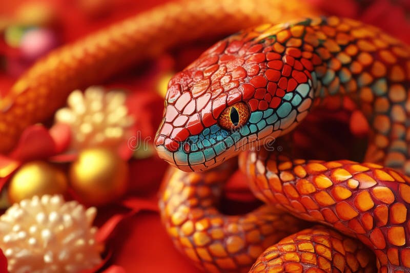 Colorful serpent resting among decorative flowers and ornaments in a vibrant setting, showcasing intricate patterns and stock photo