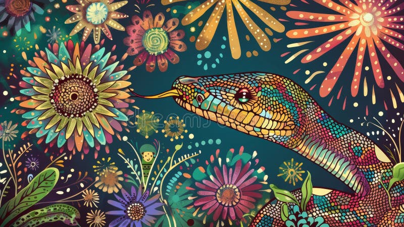 Colorful Serpent in Vibrant Floral Fireworks Display stock images