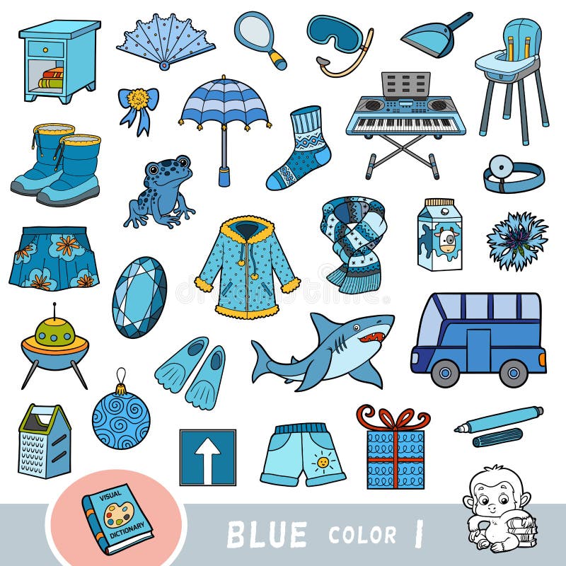 Colorful Set of Blue Color Objects. Visual Dictionary for Children