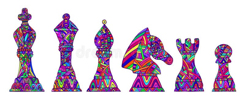 Colorful Set with King, Queen, Bishop, Knight, Rook and Pawn Chess Pieces, each figure with its own unique pattern