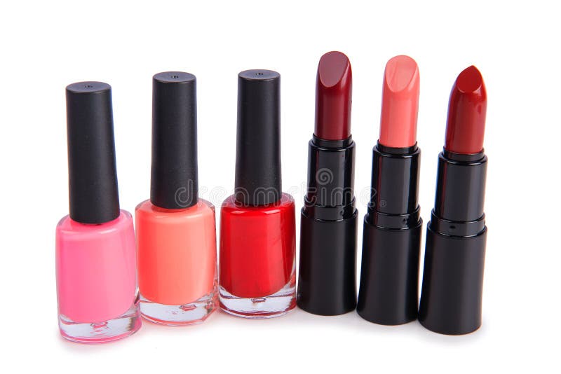 Colorful Set of Lipstick and Nail Polish Isolated on White Stock Image Image of glitter