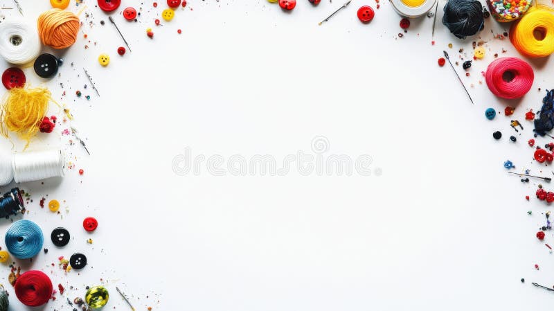 Colorful sewing essentials like threads, buttons, and needles are arranged on a white surface, providing generous space royalty free stock image