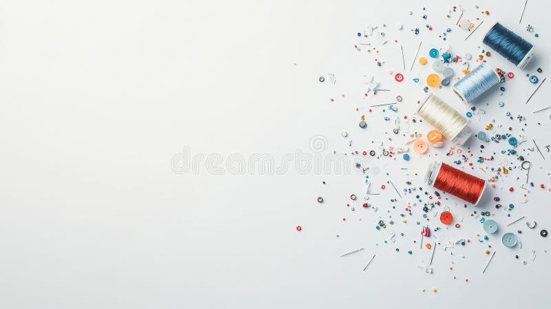 Colorful sewing essentials scattered on a white surface, featuring threads, needles, and buttons, creating perfect copy royalty free stock images