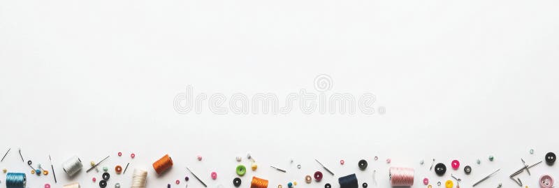 Colorful sewing essentials such as needles, threads, and buttons are displayed on a white background, ideal for design royalty free stock photos