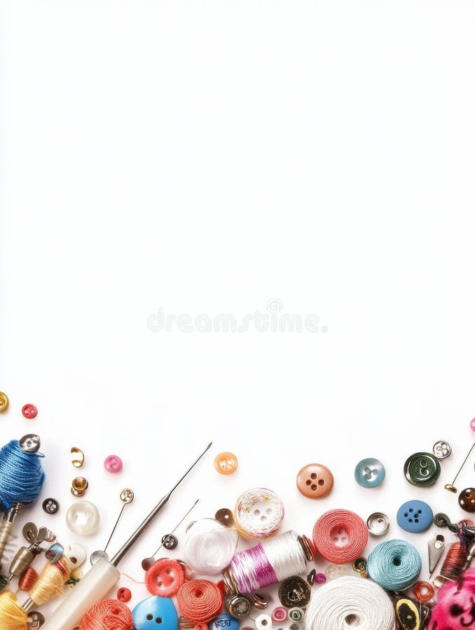 Colorful sewing essentials such as threads, needles, and various buttons are arranged on a white background, allowing royalty free stock images