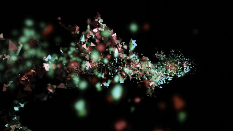 Colorful shimmering particles move in stream. Design. Stream of bright shining confetti on black background. Glitter and vector illustration