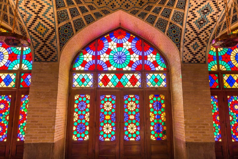 Colorful shining stained glass windows of Nasir Al-Mulk Mosque Pink Mosque in Shiraz, Iran