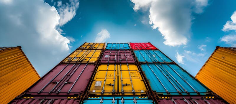 Stack of vibrant colored shipping containers against a clear blue sky, symbolizing global trade. AI. Stack of vibrant colored shipping containers against a clear blue sky, symbolizing global trade. AI