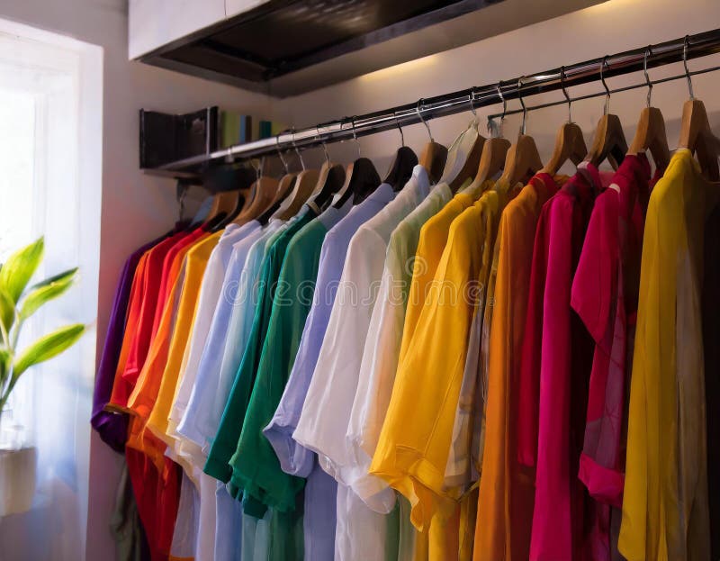Colorful shirts on hangers in wardrobe. Wardrobe interior design.