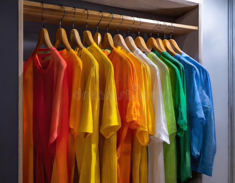 Colorful shirts on hangers in wardrobe. Wardrobe interior design.