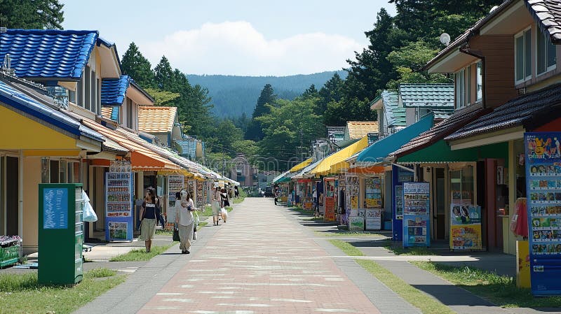 Colorful shops line a paved path in a sunny resort town royalty free illustration