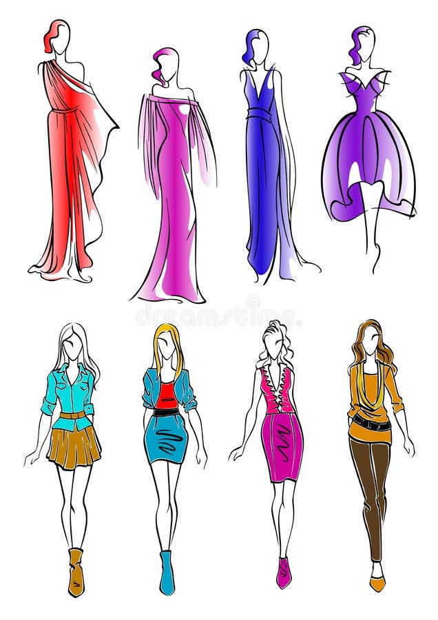 Fashion Models Shows Everyday Outfits Sketch Icons Stock Vector ...