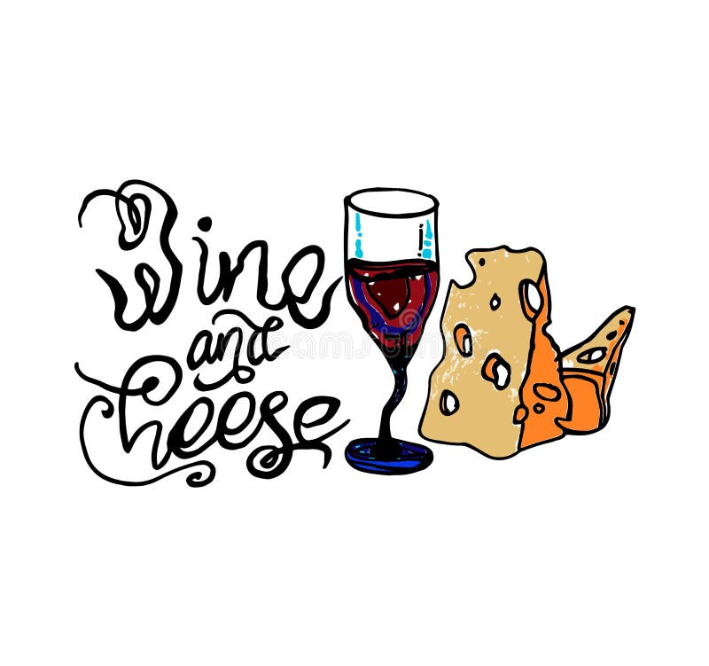 Colorful Sketch of a Hand Drawing Cheese and Wine Pattern on a White