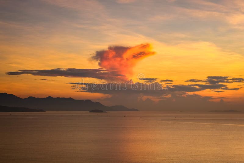 Nature Seascape with Aerial View of Colorful Sky, Exotic Clouds at Sunrise in Nha Trang Bay stock image Nature Seascape with Aerial View of Colorful Sky, Exotic Clouds at Sunrise in Nha Trang Bay stock image