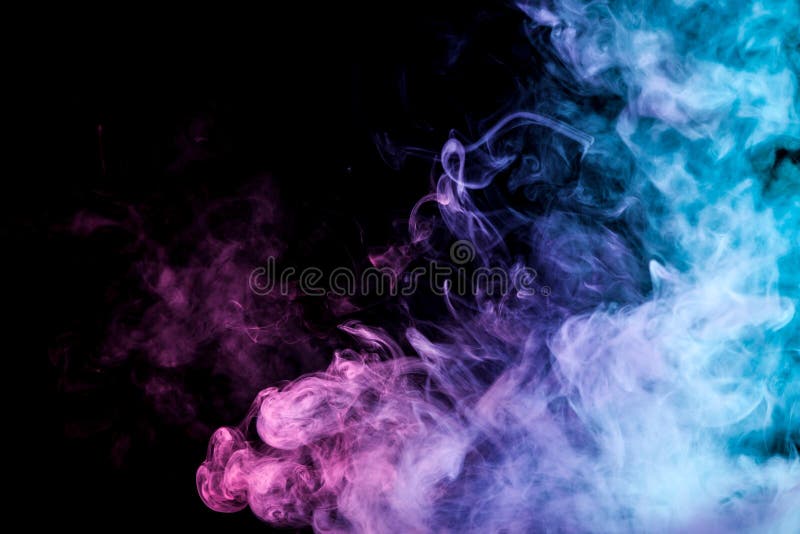 Colorful smoke of blue, pink, purple on a black isolated background. Background from the smoke of vape