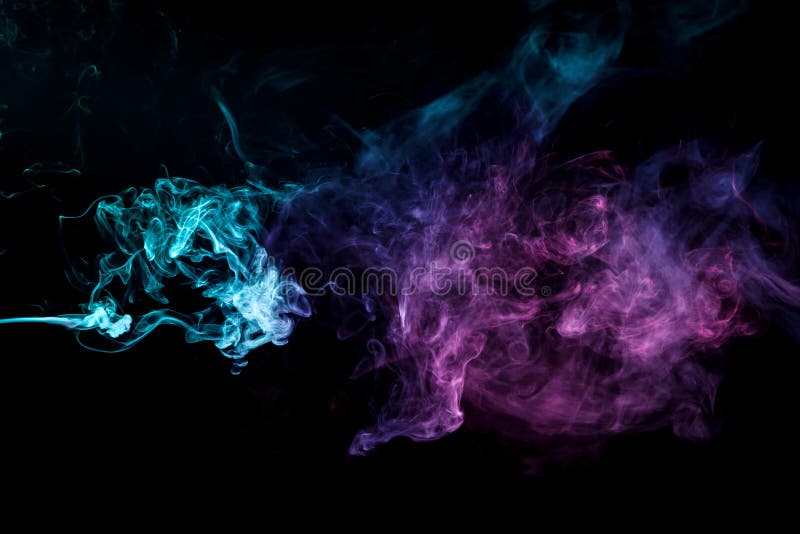 Colorful smoke of blue, pink, purple on a black isolated background. Background from the smoke of vape