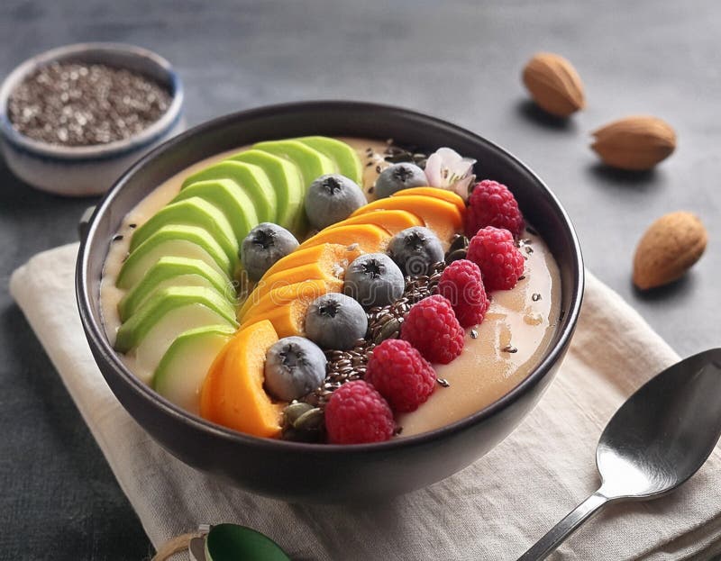 Un bol de smoothie colorat topit cu fructe proaspete și fructe cu coajă lemnoasă și semințe stock illustration
